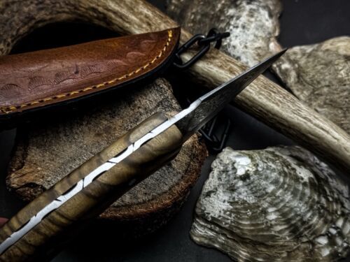 Heritage Forge Handmade Damascus Steel Survival Knife Tiger Wood Handle with Cow Leather Sheath