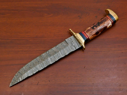 Heritage Forge 12 Inch D2 Steel Bowie Hunting Knife with Camel Bone and Pakka Wood Handle