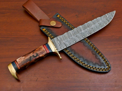 Heritage Forge 12 Inch D2 Steel Bowie Hunting Knife with Camel Bone and Pakka Wood Handle