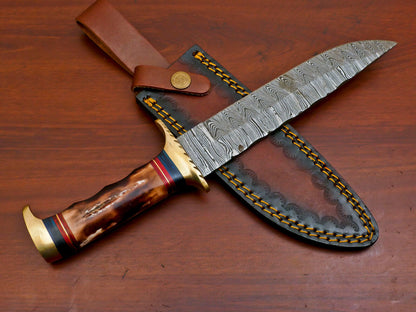 Heritage Forge 12 Inch D2 Steel Bowie Hunting Knife with Camel Bone and Pakka Wood Handle