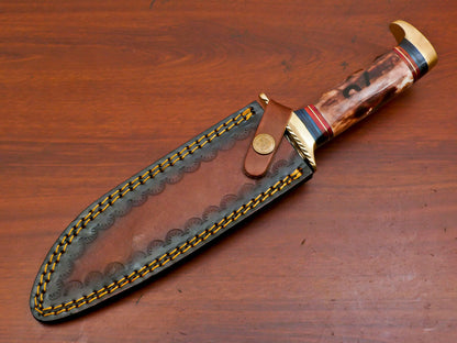 Heritage Forge 12 Inch D2 Steel Bowie Hunting Knife with Camel Bone and Pakka Wood Handle