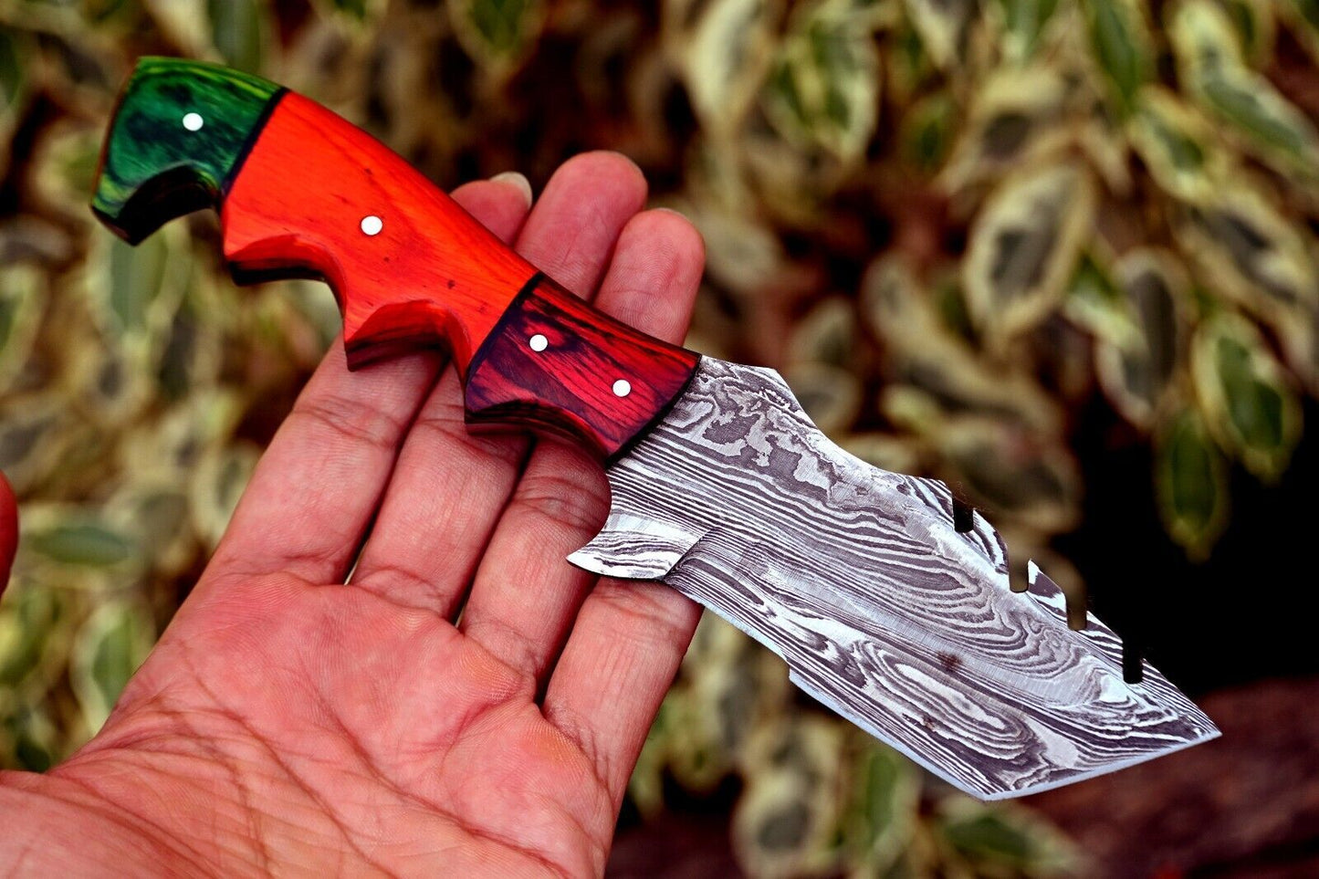 Custom Handmade Forged Damascus Steel Tracker Knife – 8" Hunting, Camping & Survival EDC with Wood Handle + Leather Sheath