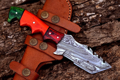 Custom Handmade Forged Damascus Steel Tracker Knife – 8" Hunting, Camping & Survival EDC with Wood Handle + Leather Sheath