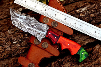 Custom Handmade Forged Damascus Steel Tracker Knife – 8" Hunting, Camping & Survival EDC with Wood Handle + Leather Sheath