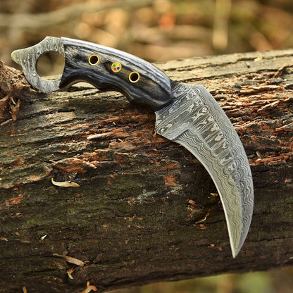 8” Damascus Double Edged Karambit Knife Damascus Steel Karambit With Wood Handle