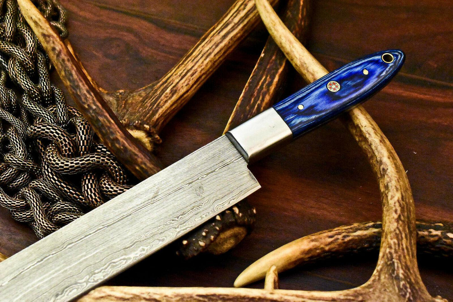 Custom Handmade Damascus Chef & Hunting Knife – Full Tang with Hardwood Handle