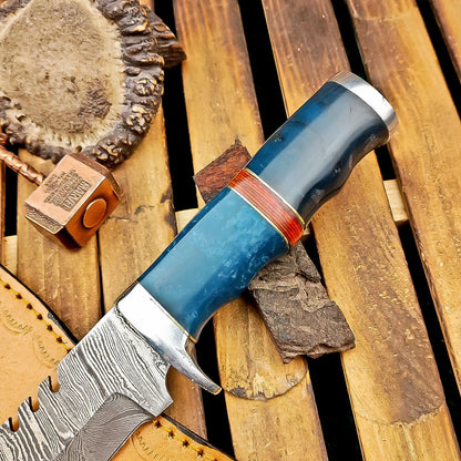 12 Inch Resin Handle Damascus Bowie Knife with Steel Bolster and Leather Sheath