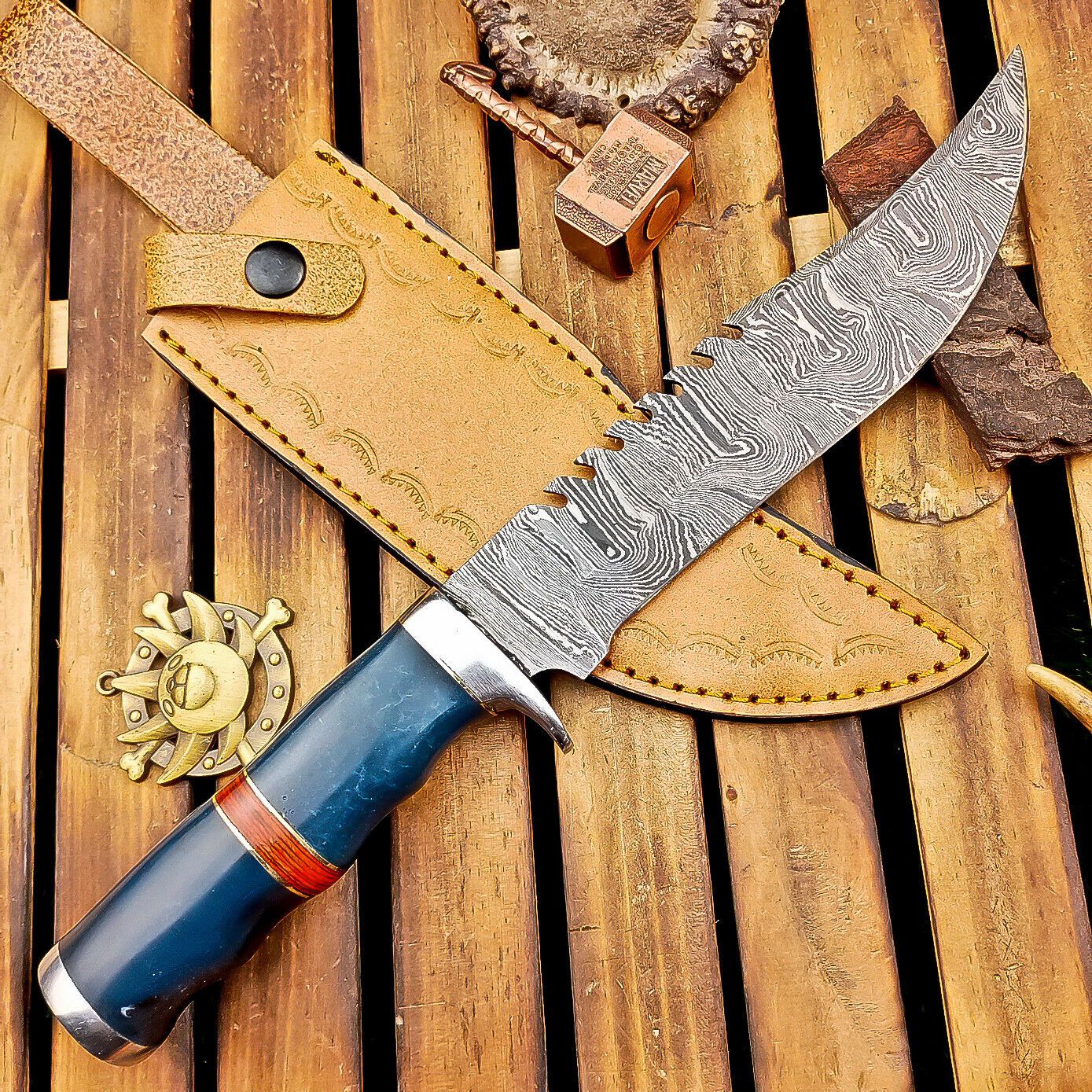 12 Inch Resin Handle Damascus Bowie Knife with Steel Bolster and Leather Sheath