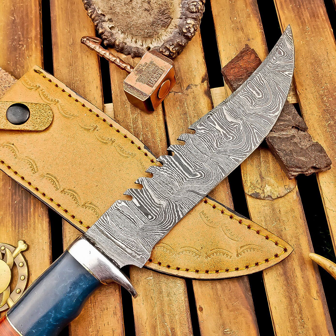 12 Inch Resin Handle Damascus Bowie Knife with Steel Bolster and Leather Sheath