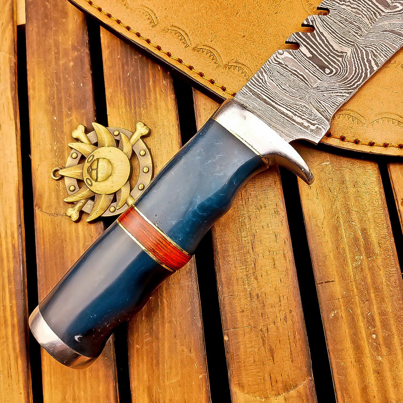 12 Inch Resin Handle Damascus Bowie Knife with Steel Bolster and Leather Sheath