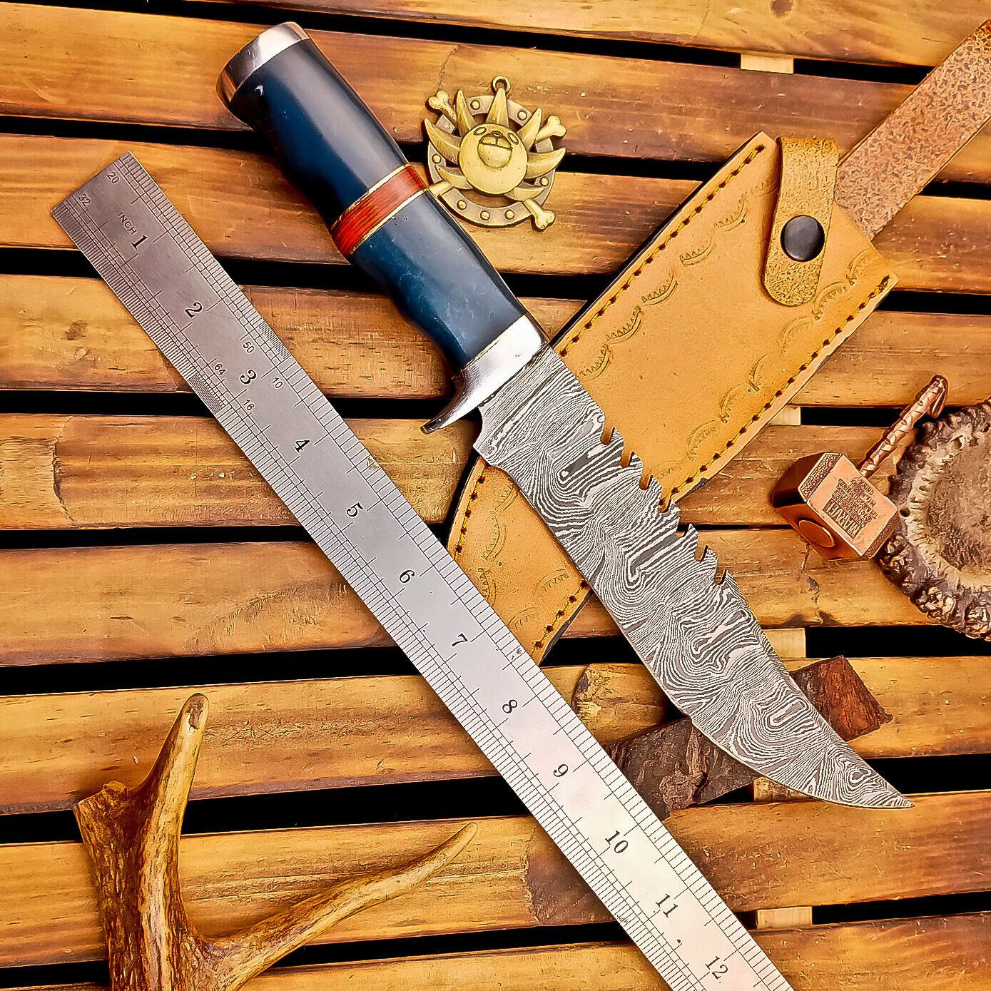 12 Inch Resin Handle Damascus Bowie Knife with Steel Bolster and Leather Sheath
