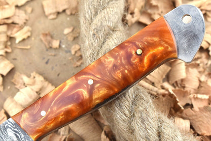 Custom Handmade Forged Damascus Steel Kitchen Chef Knife – Orange Resin Thappa Handle