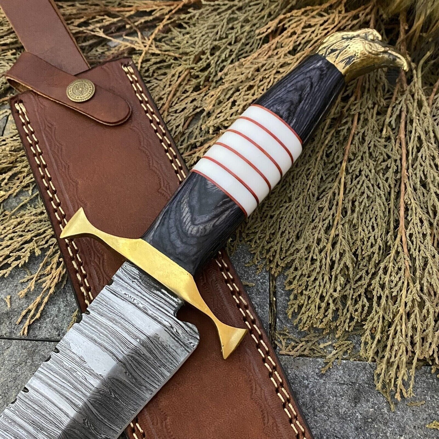 16" Custom Handmade Damascus Steel Big Bowie Hunting Knife – Brass & Wood Handle with Sheath