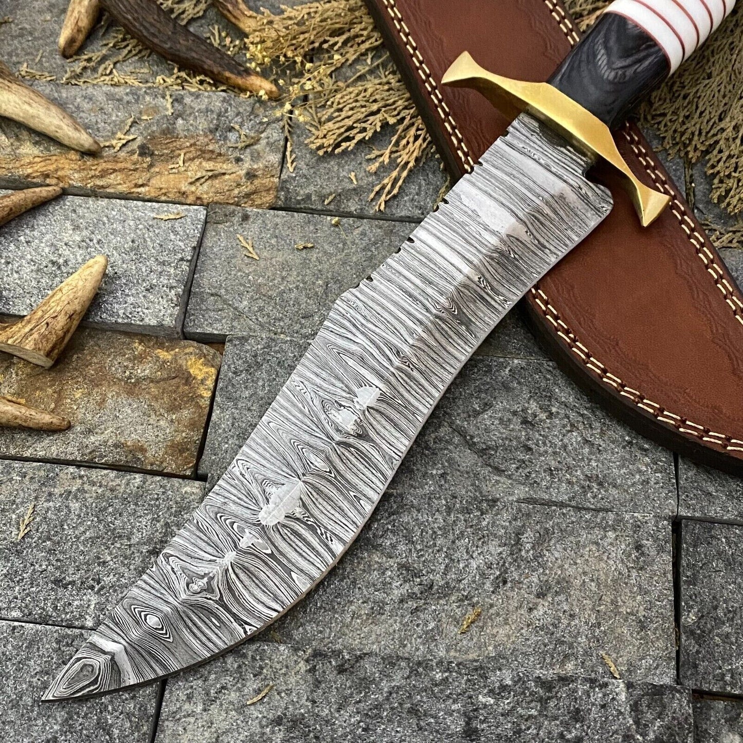 16" Custom Handmade Damascus Steel Big Bowie Hunting Knife – Brass & Wood Handle with Sheath