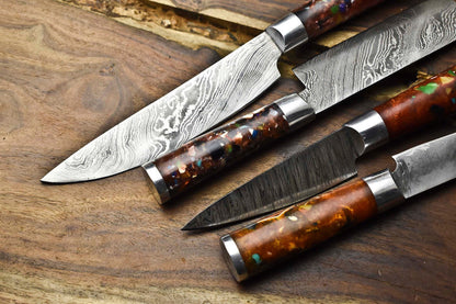 Lot of 4 Handmade Damascus Steel Blade Chef Knife Set – Professional Forged Kitchen Knives