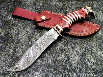 13" Handmade Damascus Bowie Hunting Knife with Hard Wood Handle