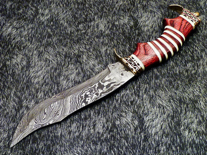 13" Handmade Damascus Bowie Hunting Knife with Hard Wood Handle