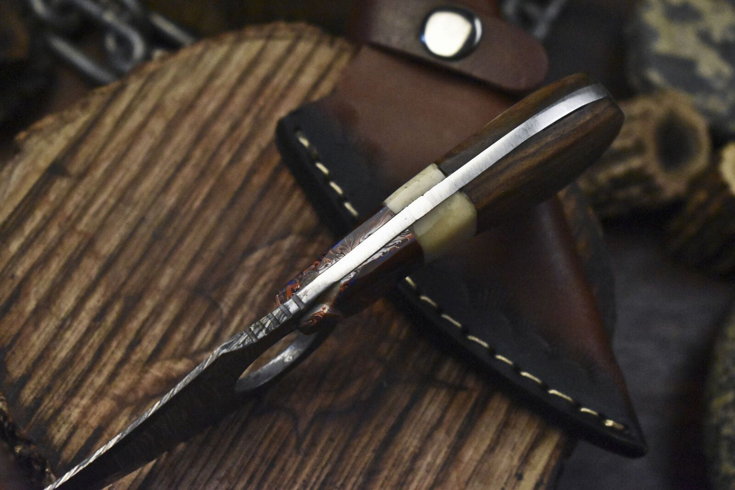 Damascus Skinner Knife with Bone and Wood Handle – Handmade Custom Fixed Blade Hunting Knife