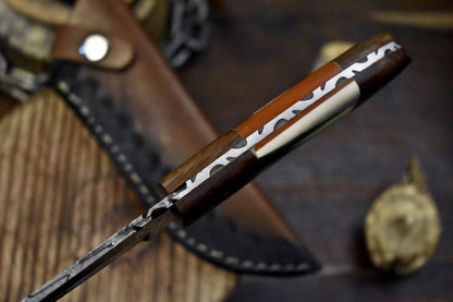 Twist Damascus Skinner Knife with Corian Handle and Micarta Bolster for Hunting