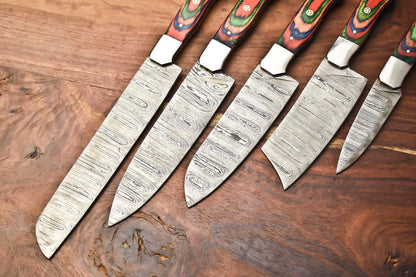 Custom Lot of 5 Handmade Hammered Damascus Steel Blade Chef Knife Set – 384 Layer Forged