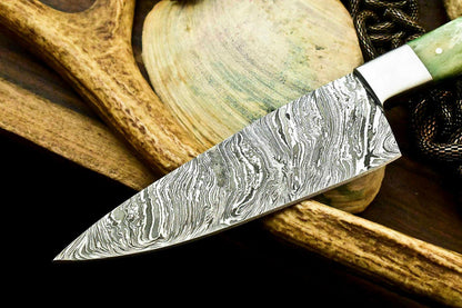 Custom Hand Made Damascus Steel Chef Knife with Stained Camel Bone Handle, Full Tang, 6-Inch Blade, 10.5-Inch Overall, Oil-Tempered 58-60 HRC, Handcrafted
