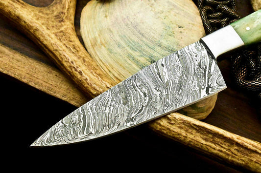 Custom Hand Made Damascus Steel Chef Knife with Stained Camel Bone Handle, Full Tang, 6-Inch Blade, 10.5-Inch Overall, Oil-Tempered 58-60 HRC, Handcrafted