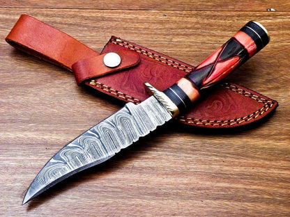 10" Handmade Damascus Steel Bowie Hunting Knife | Engraved Camel Bone & Hardwood Handle