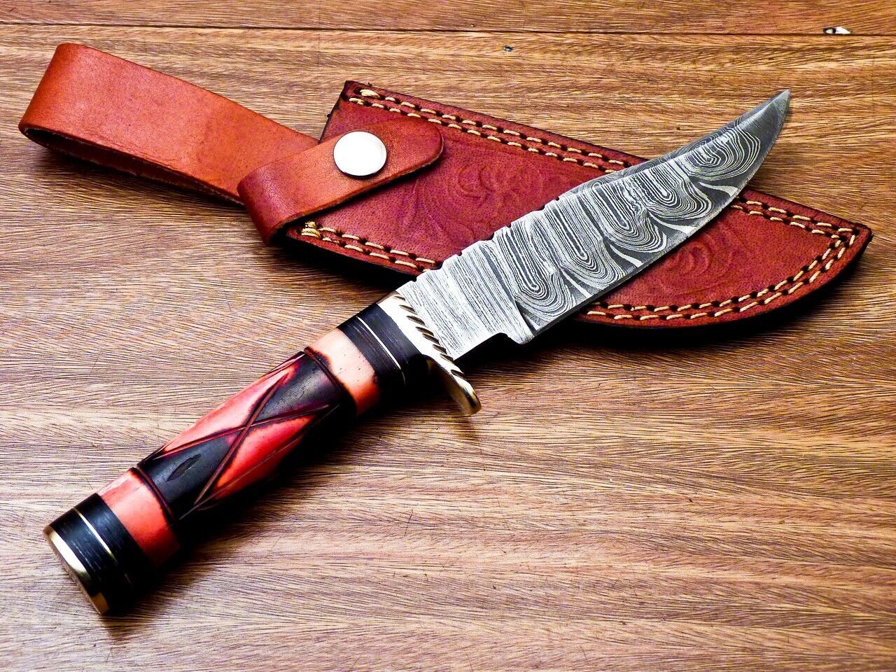 10" Handmade Damascus Steel Bowie Hunting Knife | Engraved Camel Bone & Hardwood Handle