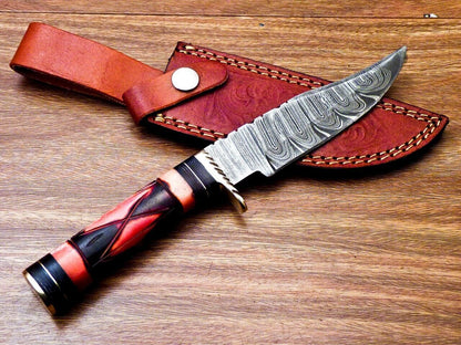 10" Handmade Damascus Steel Bowie Hunting Knife | Engraved Camel Bone & Hardwood Handle
