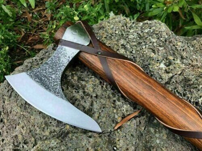 Handmade High Carbon Steel Bearded Viking Axe with Ash Wood Handle and Leather Sheath