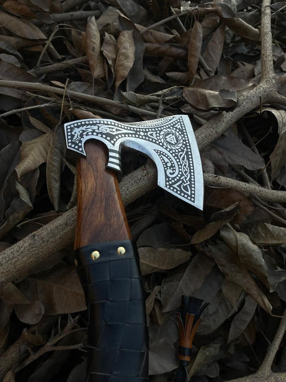 Hand Forged Carbon Steel Viking Axe with Ash Wood Shaft and Leather Sheath