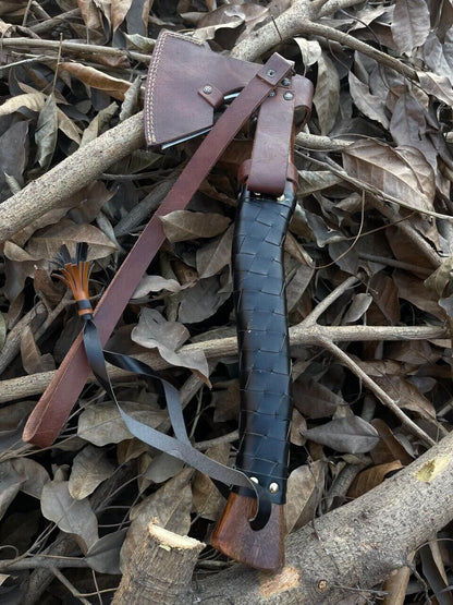 Hand Forged Carbon Steel Viking Axe with Ash Wood Shaft and Leather Sheath
