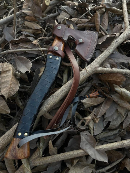 Hand Forged Carbon Steel Viking Axe with Ash Wood Shaft and Leather Sheath
