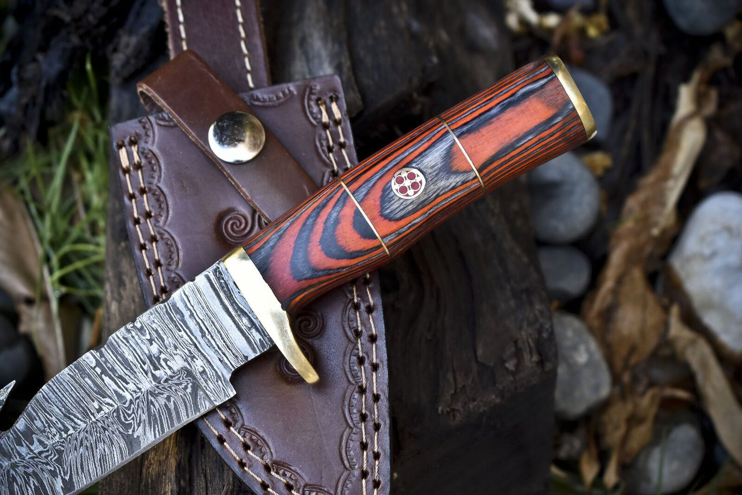 8 Inch Forged Damascus Skinner Knife with Gut Hook Twist Pattern and Hard Wood Handle for Hunting