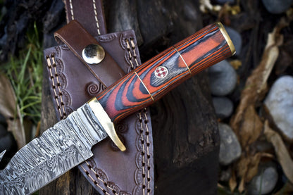 8 Inch Forged Damascus Skinner Knife with Gut Hook Twist Pattern and Hard Wood Handle for Hunting