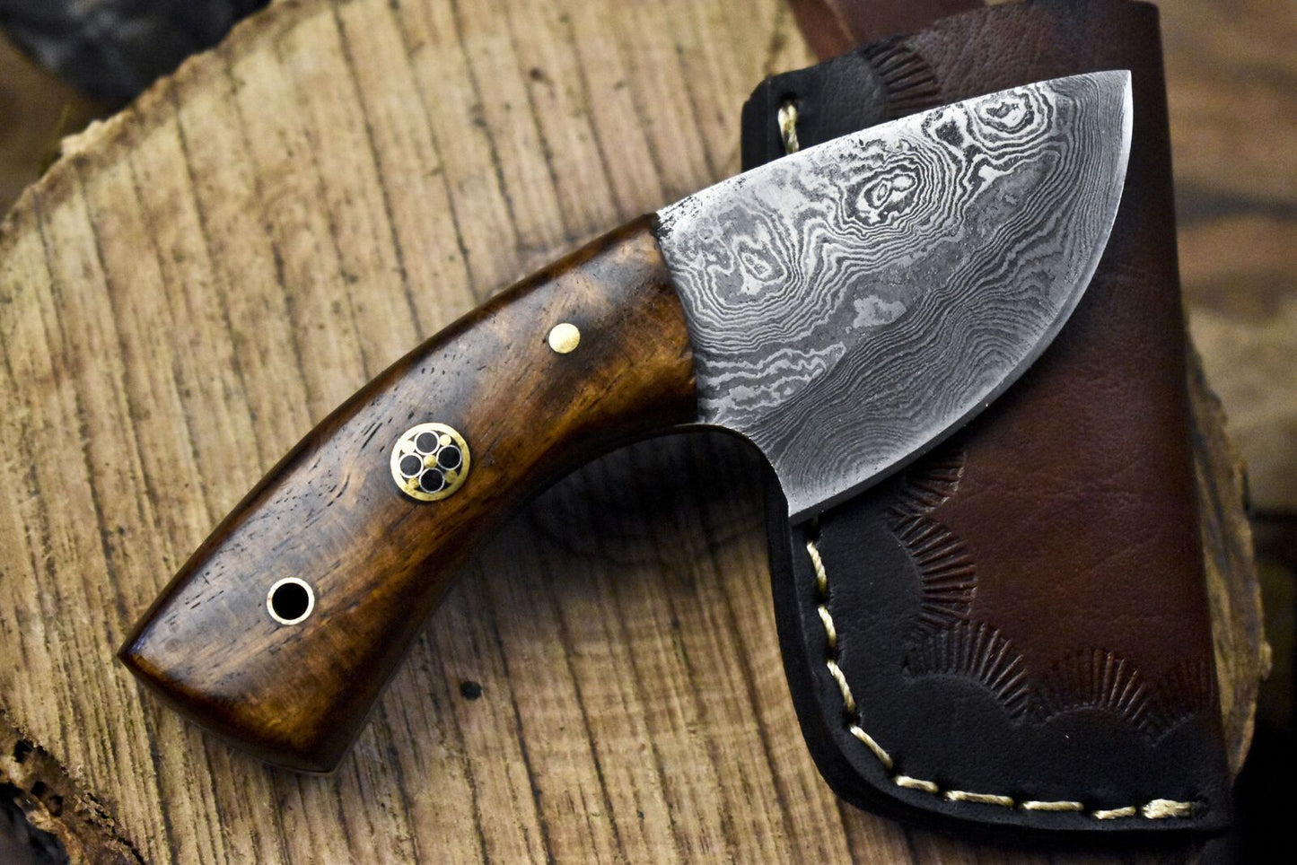 Miniature Twist Damascus Skinner Knife with Walnut Wood Handle for Decoration or Field Use