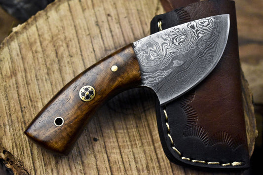 Miniature Twist Damascus Skinner Knife with Walnut Wood Handle for Decoration or Field Use