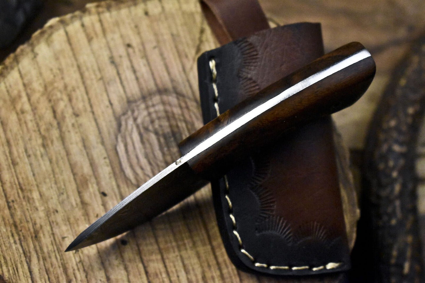 Miniature Twist Damascus Skinner Knife with Walnut Wood Handle for Decoration or Field Use