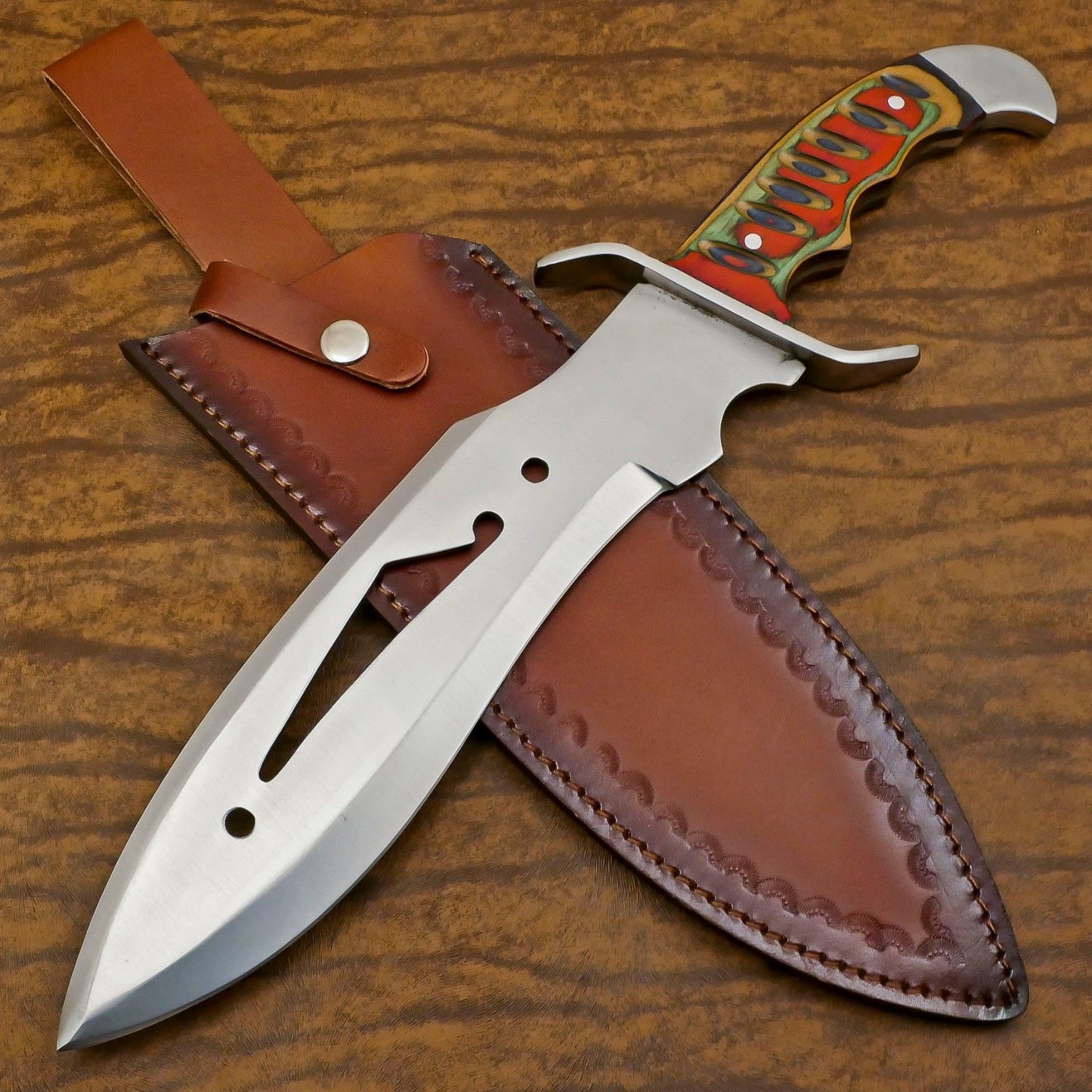 Premium 12-Inch D2 Steel Full Tang Bowie Hunting Knife with Pakka Wood Handle