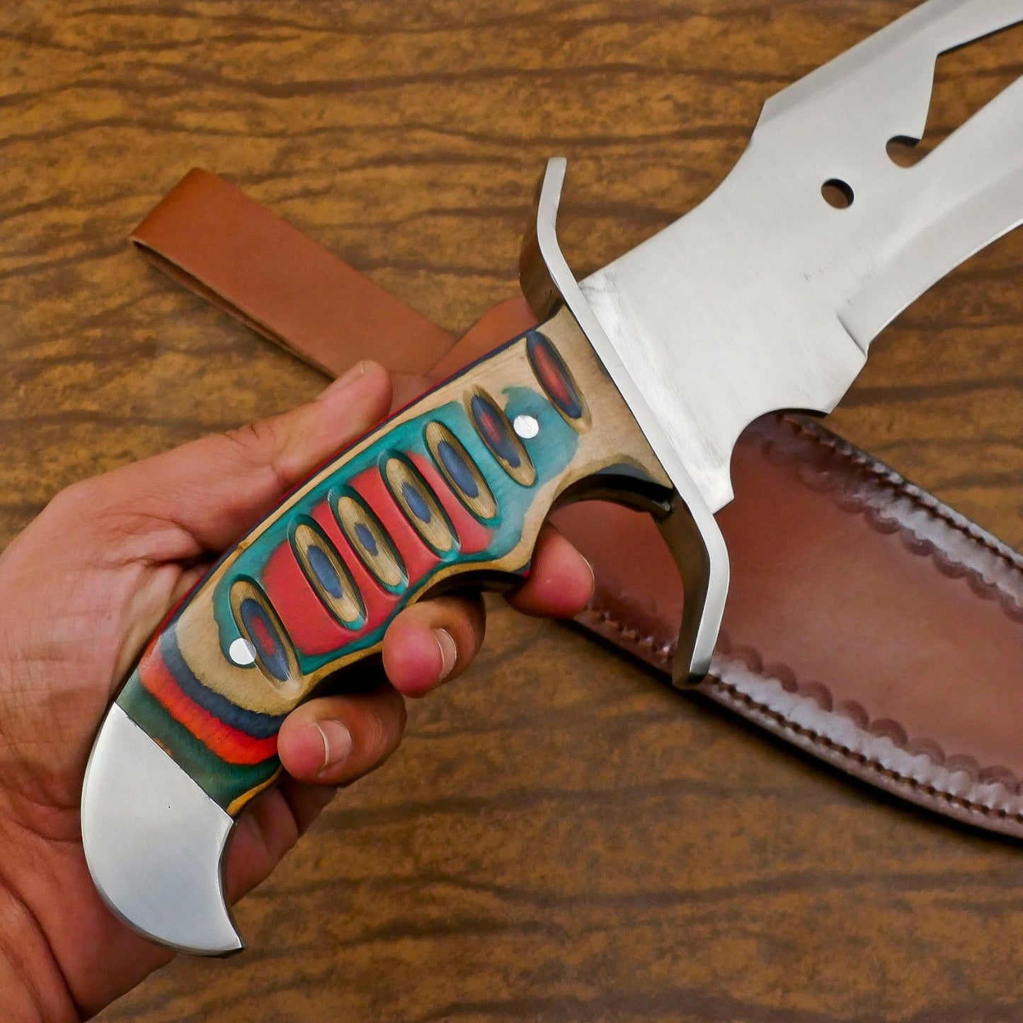 Premium 12-Inch D2 Steel Full Tang Bowie Hunting Knife with Pakka Wood Handle