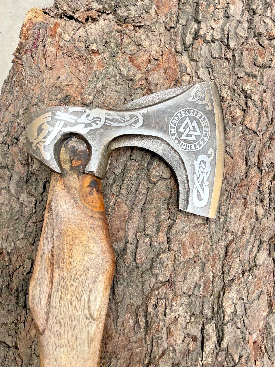 Custom Forged Replica Viking Axe with Etched Carbon Steel Head and Wooden Handle for Bushcraft and Camping