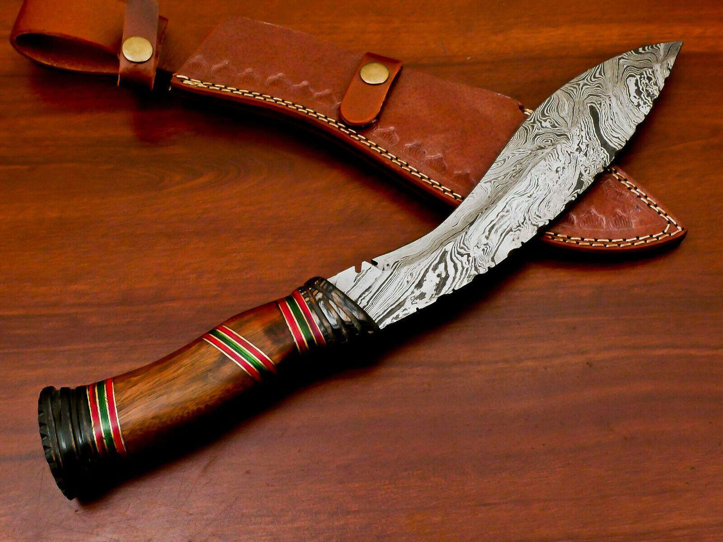 Handmade Damascus Steel Khukri Bowie Knife | Rosewood & Hardwood Handle