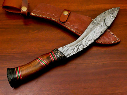 Handmade Damascus Steel Khukri Bowie Knife | Rosewood & Hardwood Handle