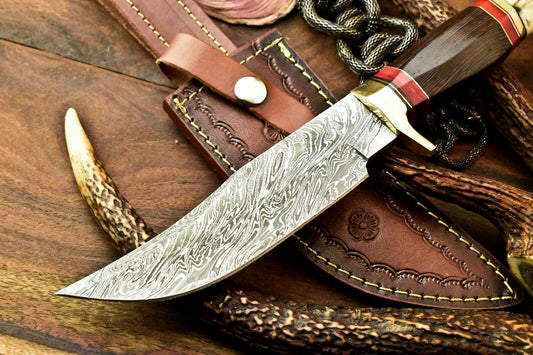 11.5" Handmade Damascus Hunting Bowie Knife | Crown Antler Handle