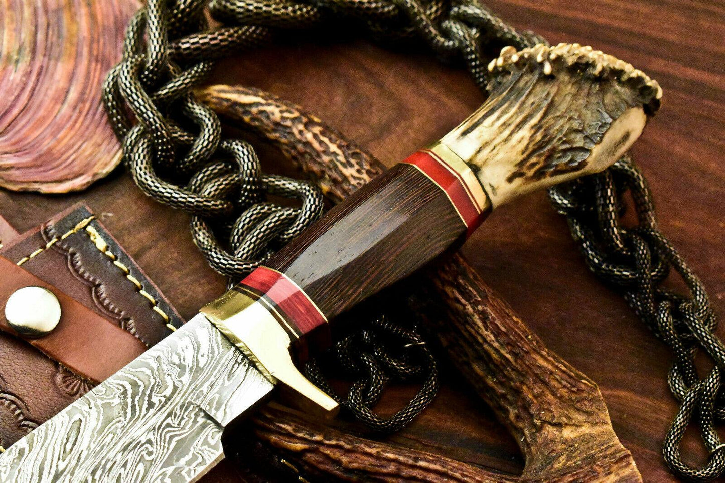 11.5" Handmade Damascus Hunting Bowie Knife | Crown Antler Handle