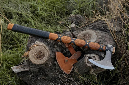 Custom Handmade Carbon Steel Viking Axe with Rosewood Handle and Leather Sheath – 20 Inch Bearded Axe