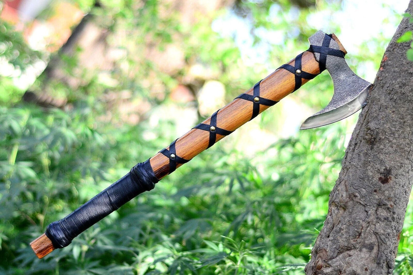 Custom Handmade Carbon Steel Viking Axe with Rosewood Handle and Leather Sheath – 20 Inch Bearded Axe