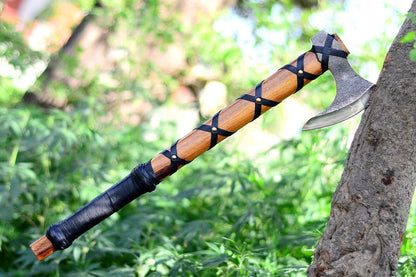 Custom Handmade Carbon Steel Viking Axe with Rosewood Handle and Leather Sheath – 20 Inch Bearded Axe