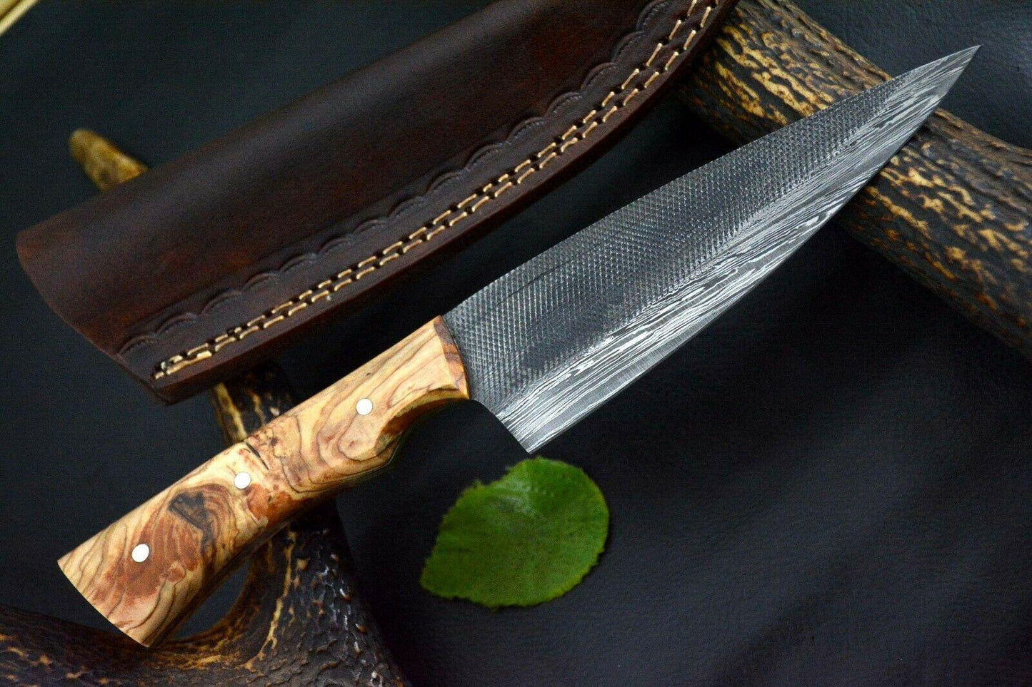 Custom Handmade Damascus Steel Chef Knife with Olive Wood Handle