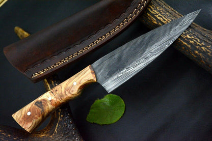 Custom Handmade Damascus Steel Chef Knife with Olive Wood Handle